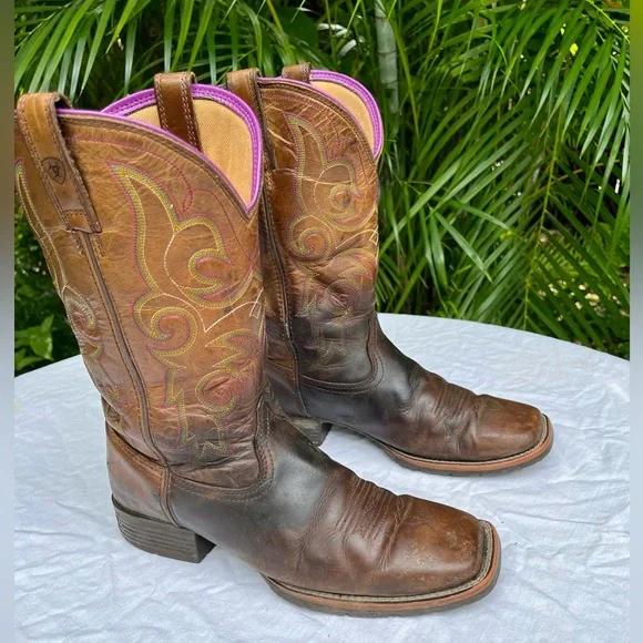 Ariat Hybrid Rancher Square Toe Cowboy Boots Women 10B Western Purple Embroidery - Picture 7 of 16